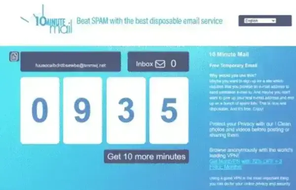 10 minute mail temporary email service screenshot