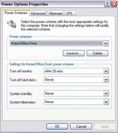 Windows XP Power Options