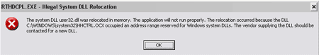 Rthdcpl.exe Illegal System DLL Relocation Screenshot