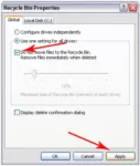 recycle bin properties screenshot