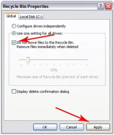 recycle bin properties screenshot