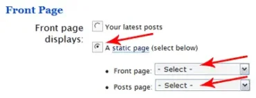 wordpress static frontpage options