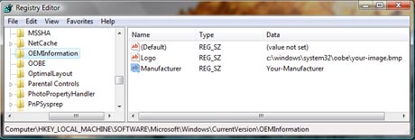 Windows Vista OEMInformation Registry