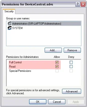 admin permissions for device central