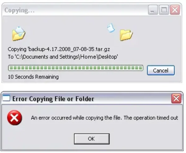 FTP error copying file or folder in Windows Explorer timeout