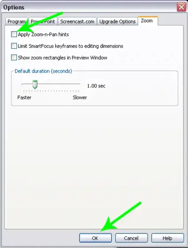 Camtasia - To Remove the Green Box on Zoom feature, uncheck zoom-n-pan hints