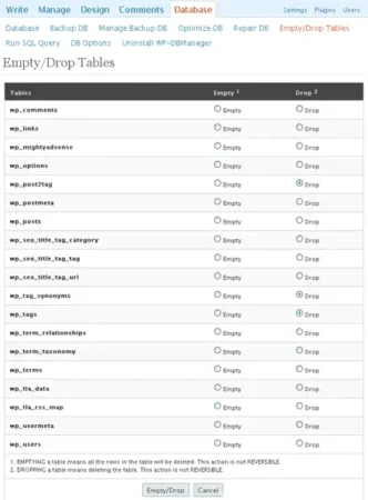 empty and drop utw tables