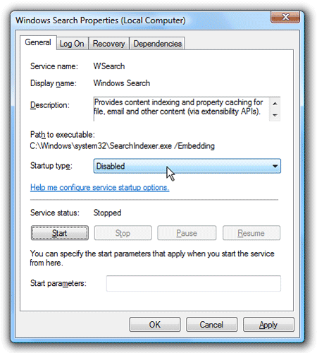 Disable Windows Search Service step 2