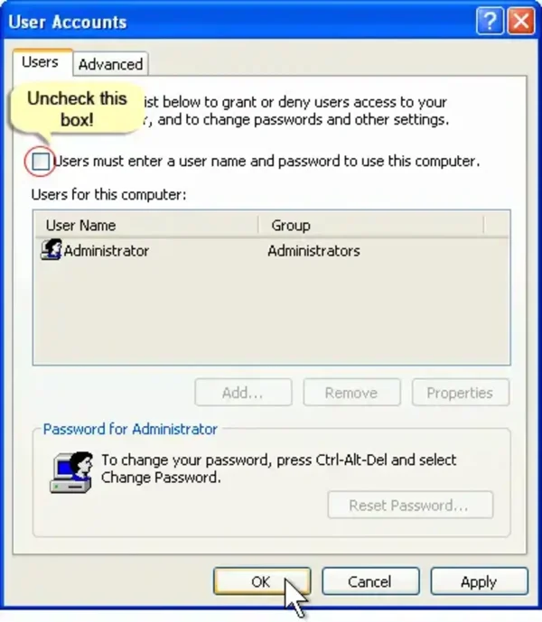 Uncheck the users must enter a password box and click Ok