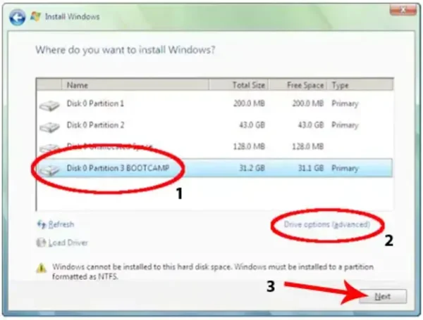 Format Partition for Vista Install on Macbook Pro