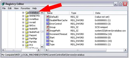 find nvatabus or nvata from the registry tree
