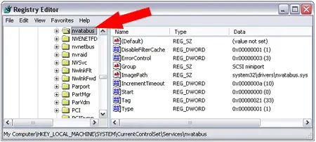 Find nvatabus or nvata from the registry tree