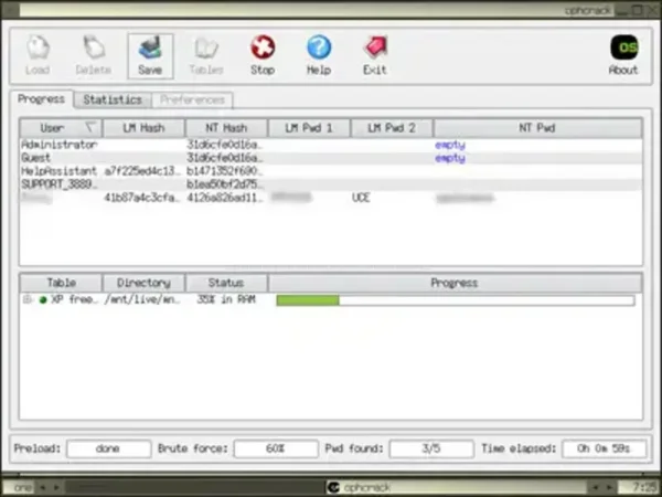 Ophcrack Deciphering Windows Login Passwords