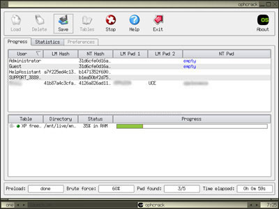 Ophcrack Deciphering  Windows Login Passwords