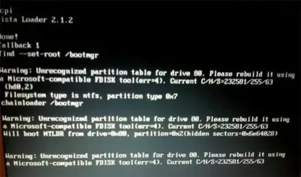 Unrecognized Partition Table for drive 80 Boot Error