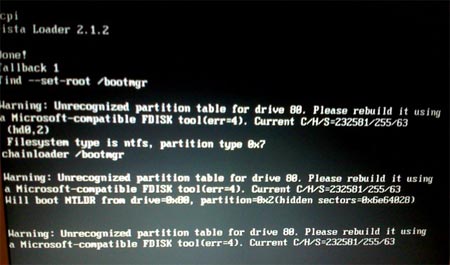 Unrecognized Partition Table Boot Error