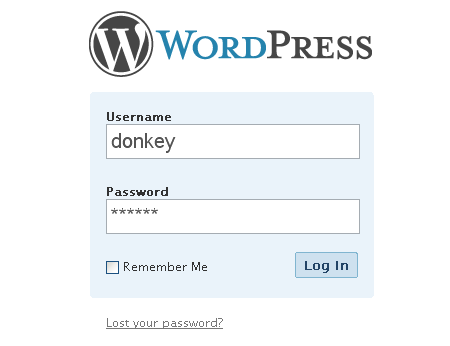 WordPress login screen: login with new admin user