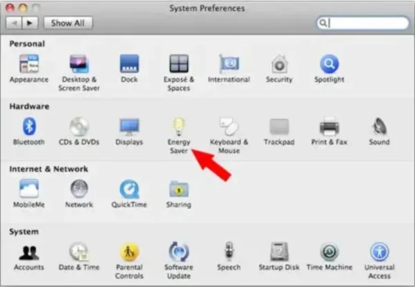 Energy Saver icon in System Preferences on MacBook Pro