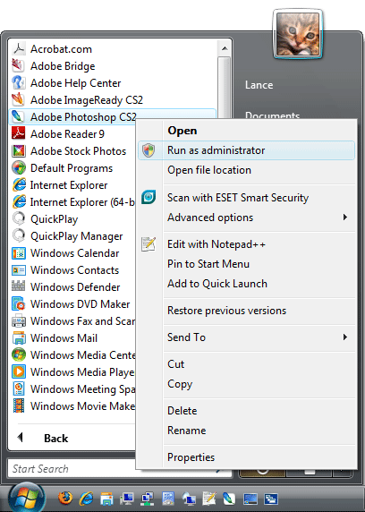 Run Photoshop as Administrator