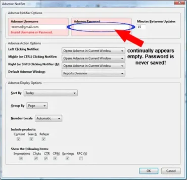 adsense notifier password problem