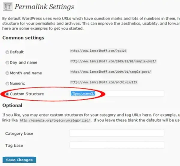 WordPress Custom Permalink Settings screen showing postname structure