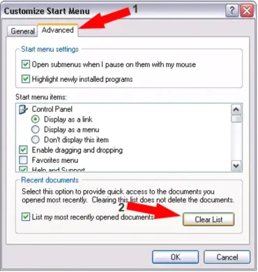 click advanced and then clear list