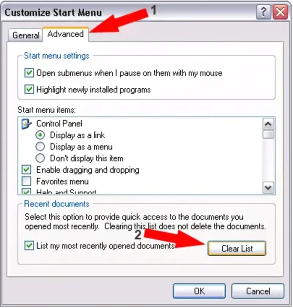 Click Advanced and then Clear List
