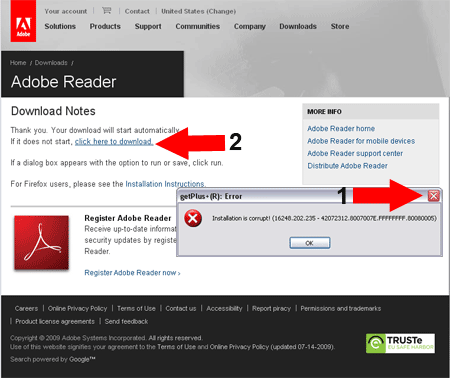 Close Adobe Error Dialog and Click the Download Link