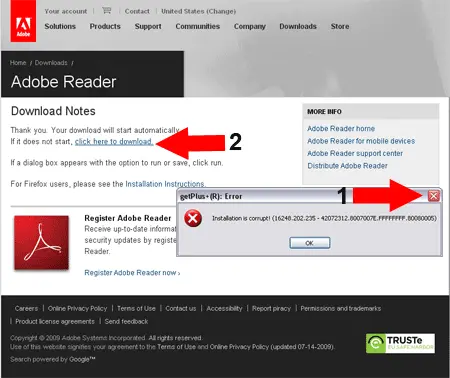 Close Adobe Error Dialog and Click the Download Link
