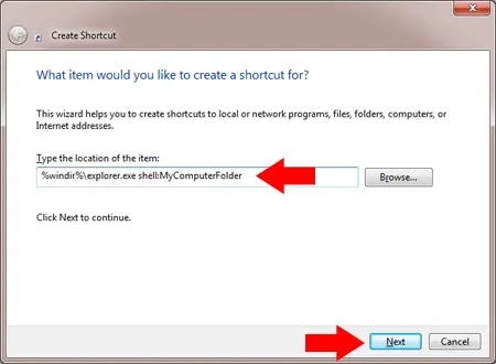 enter computer shortcut location