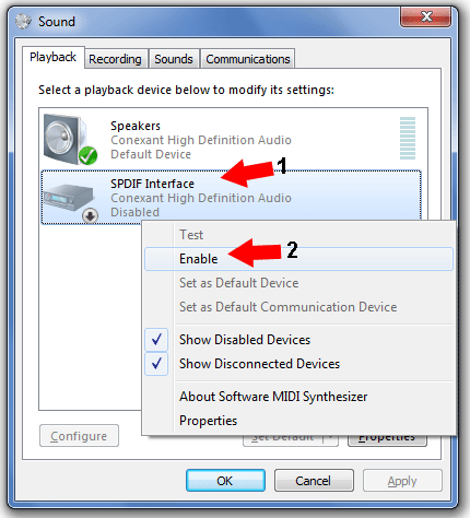 Right Click SPDIF Interface and Select Enable