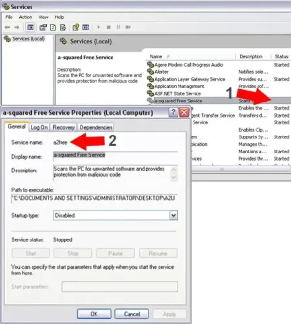 Locate the Windows service name from the Services application