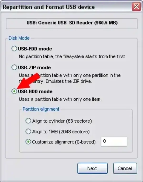 Select USB-HDD Mode BOOTICE Set USB-HDD Mode