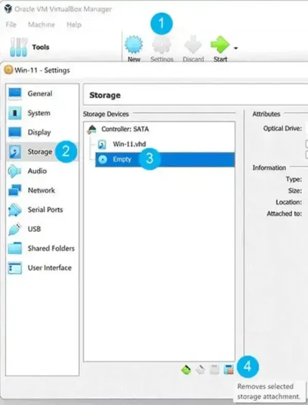 Goto Settings > Storage > Select the Empty Optical Drive > Remove Remove Empty Optical Device
