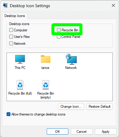 Desktop Icon Settings - Recycle Bin