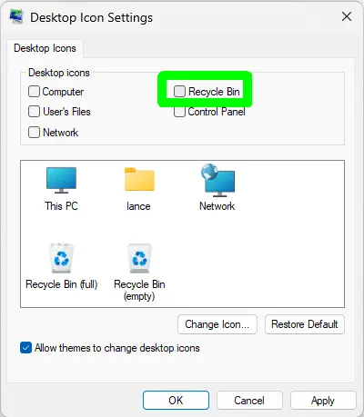 Remove Recycle Bin from Desktop by unchecking recycle bin