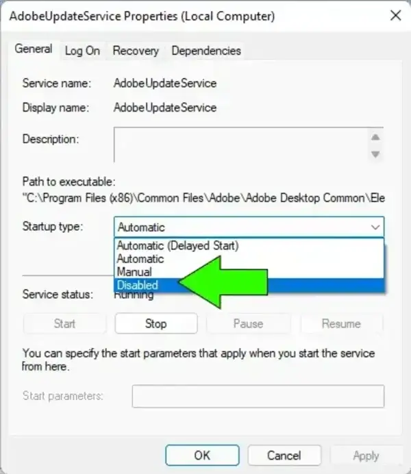 Windows Service Startup Type Disabled Windows Service Startup Type set to Disabled in Windows Services