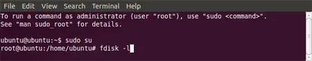 Type sudo su and then fdisk  l