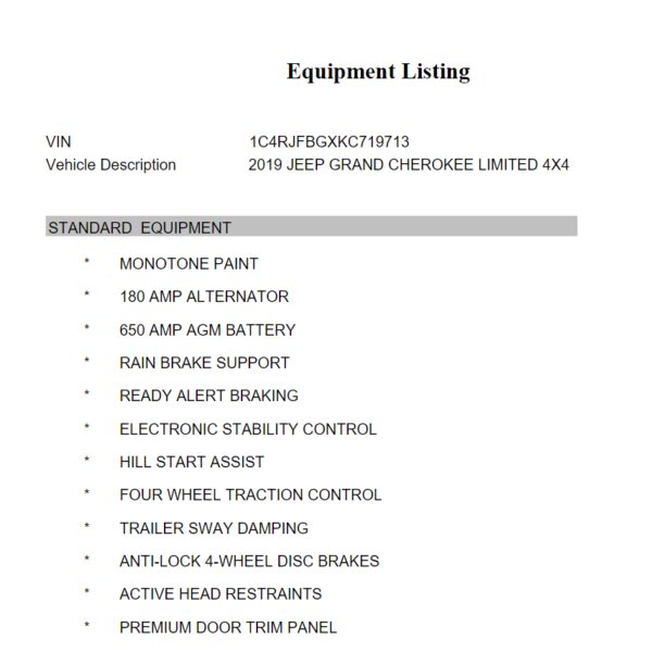 Example of Jeep Build Sheet