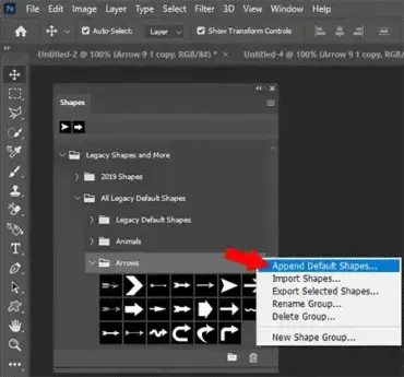 Photoshop Append Default Shapes