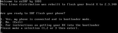 Press 1 to begin flashing your Droid X phone