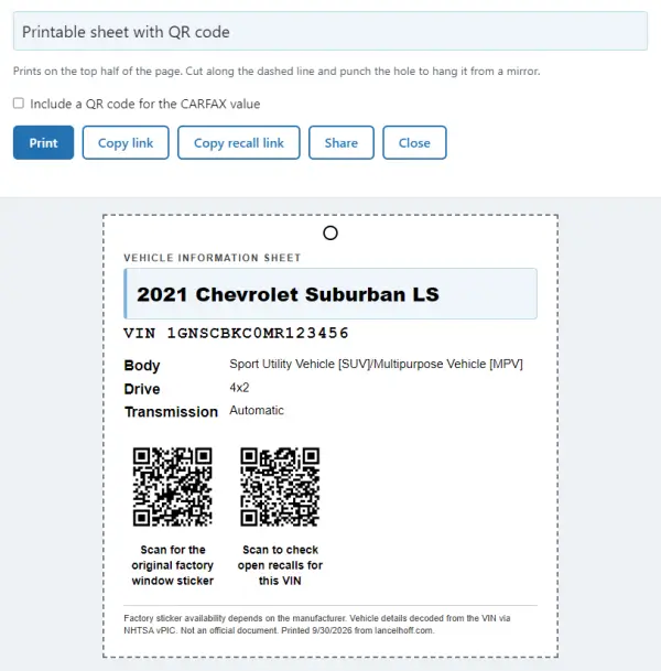 Printed Chevy window sticker hang tag with QR codes for the factory sticker and recall check