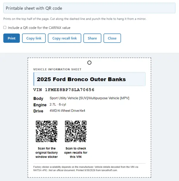 Printed Ford window sticker hang tag with QR codes for the factory sticker and recall check