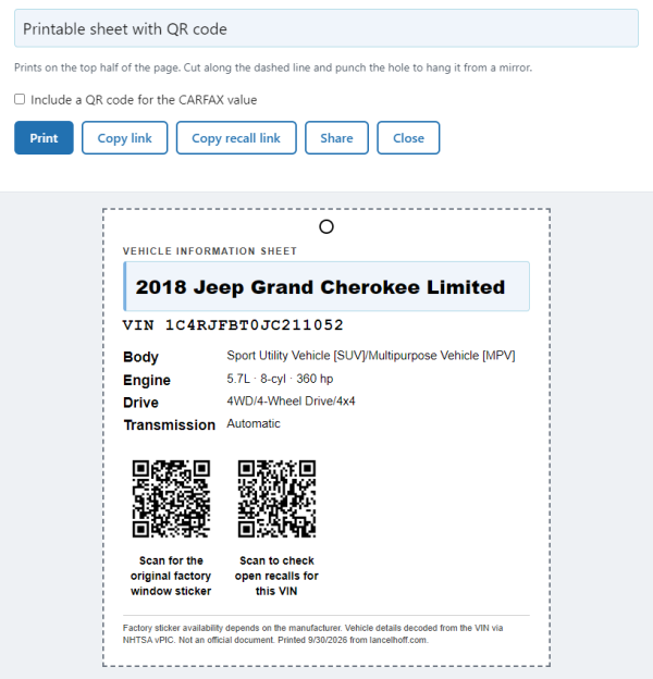 Printed Jeep window sticker hang tag with QR codes for the factory sticker and recall check