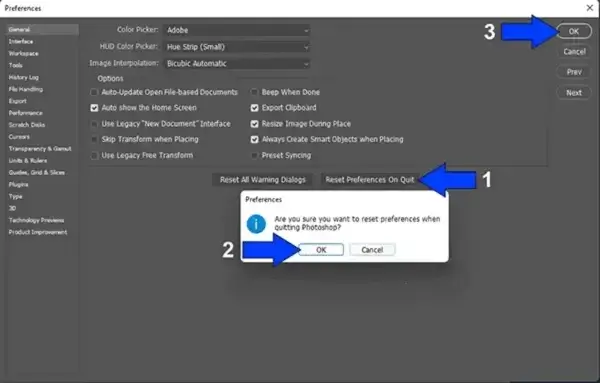 Reset Photoshop Preferences on Quit