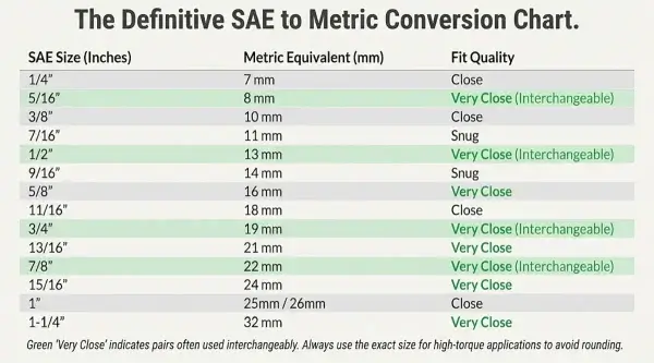 SAE to Metric Socket and Wrench Size Conversion Chart SAE to Metric Conversion Chart