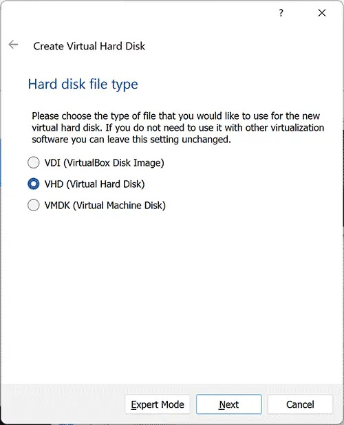 Set Hard Disk Type to VHD