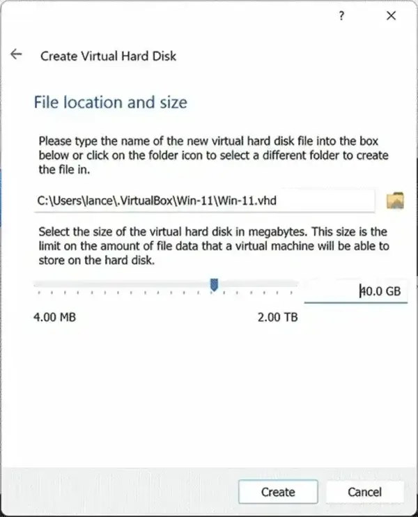 Set the size to use for the VHD Set VHD Size