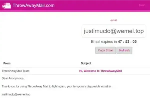 throw away email disposable temporary email service screenshot