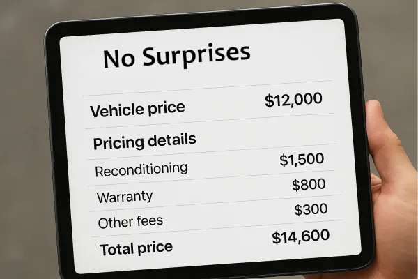 Tablet showing transparent used car pricing Upfront Used Car Pricing and No Hidden Fees